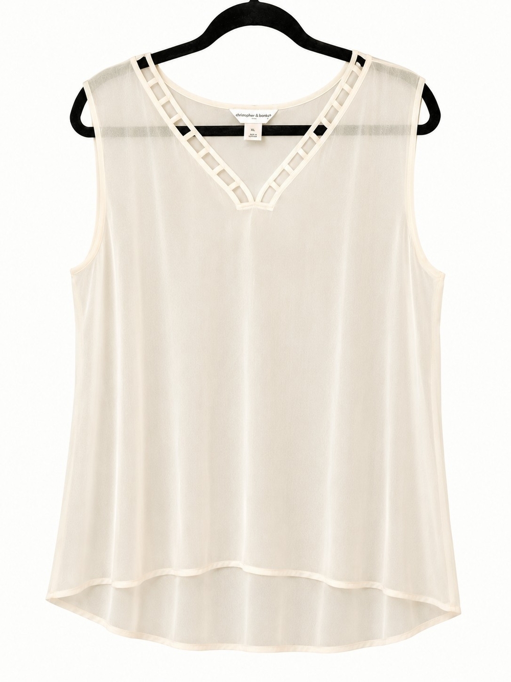 Christopher & Banks Cream Sleeveless Blouse Lattice Trim Lightly Textured Sheer